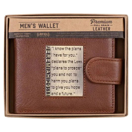 I Know the Plans Timber Spice Brown Genuine Leather Wallet with Brass Inlay - Jeremiah 29:11 - Mens Wallets