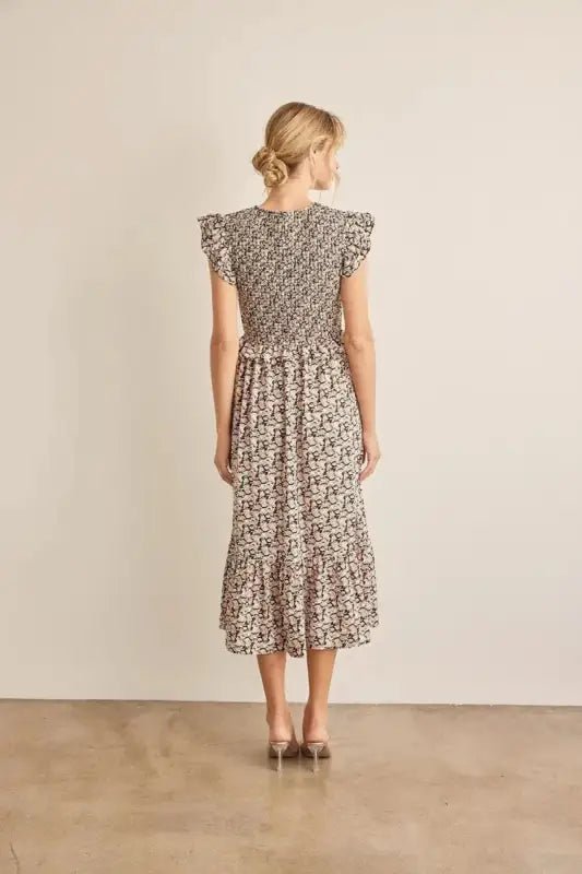 In February Floral Smocked Ruffled Midi Dress - Dresses