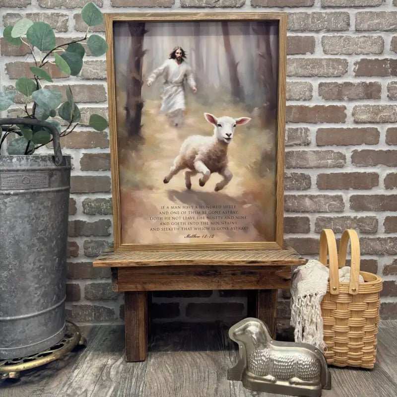 Jesus Chasing the Lost Sheep - Scripture Wall Art - 6x10’’ Mini Canvas Art with Wood Box Frame - Shelf & Wall Art