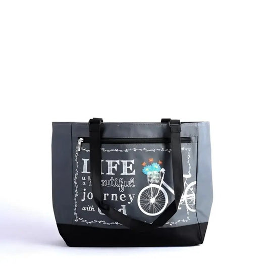 Journey With God Christian Tote Bag - Purses gray tote bag bicycle design