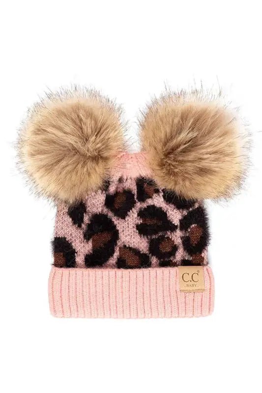 Leopard Double Pom Beanie Hat for Baby - Pink - Baby Beanies pink leopard print beanie pom-poms