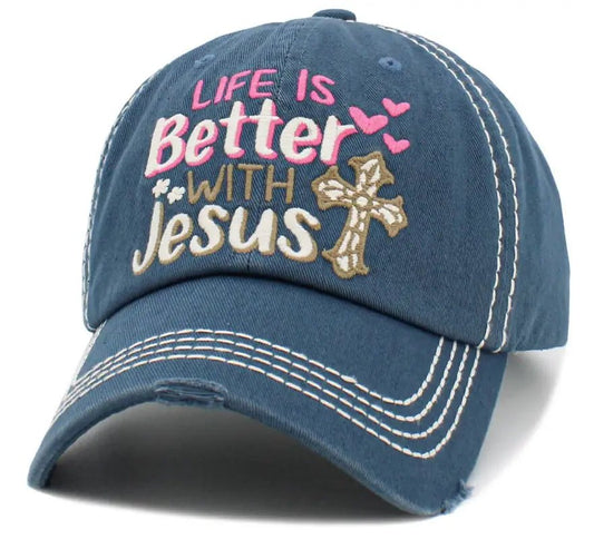Life Is Better With Jesus Washed Vintage Blue Ballcap - Caps blue baseball cap religious embroidery