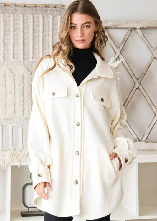 Lisa Collar Button Up Oversized Shacket With Pockets - Shackets woman’s cream-colored button-down jacket