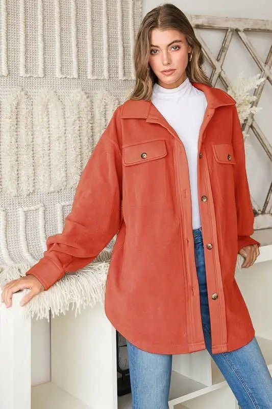 Lisa Collar Button Up Oversized Shacket With Pockets - Small / Rust - Shackets oversized orange button-down shirt