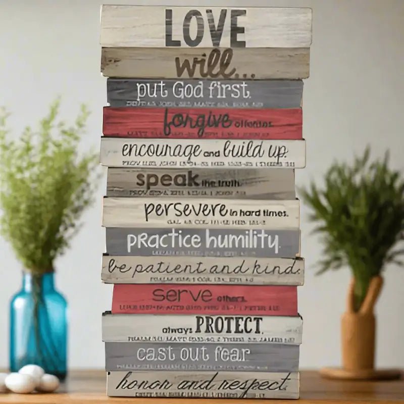 Love Small Stacked Wood Desktop Plaque - Shelf & Wall Art stacked wooden blocks inspirational messages