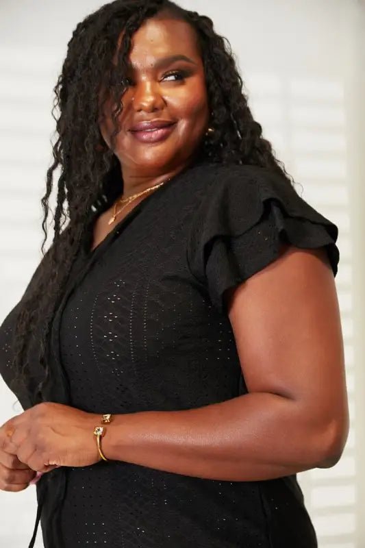 Mandy Eyelet Tie-Neck Flutter Sleeve Blouse - Tops