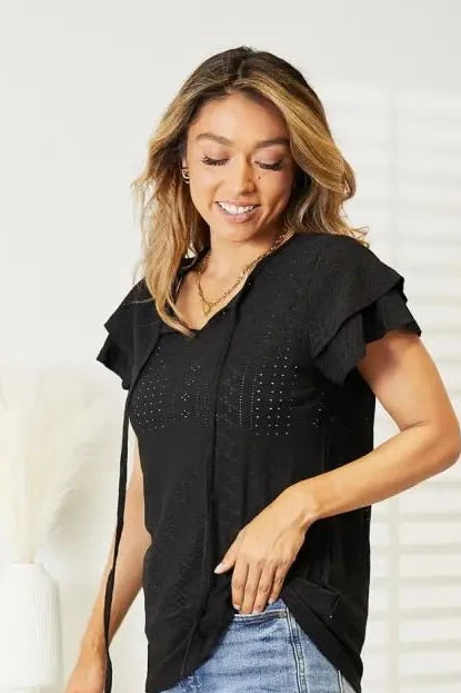 Mandy Eyelet Tie-Neck Flutter Sleeve Blouse - Tops