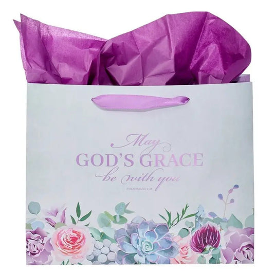 May God’s Grace Be With You Purple Succulent Large Landscape Gift Bag with Card - Colossians 4:18 - Gift Bags