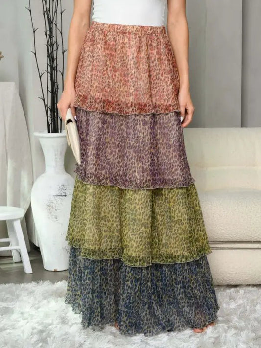 Michelle Animal Print Tiered Maxi Skirt - Small - Skirts tiered leopard print maxi skirt
