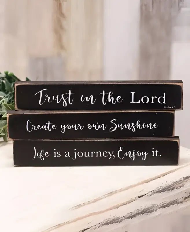 Mini Inspirational Black Stick Signs - Shelf & Wall Art stacked black wooden blocks inspirational