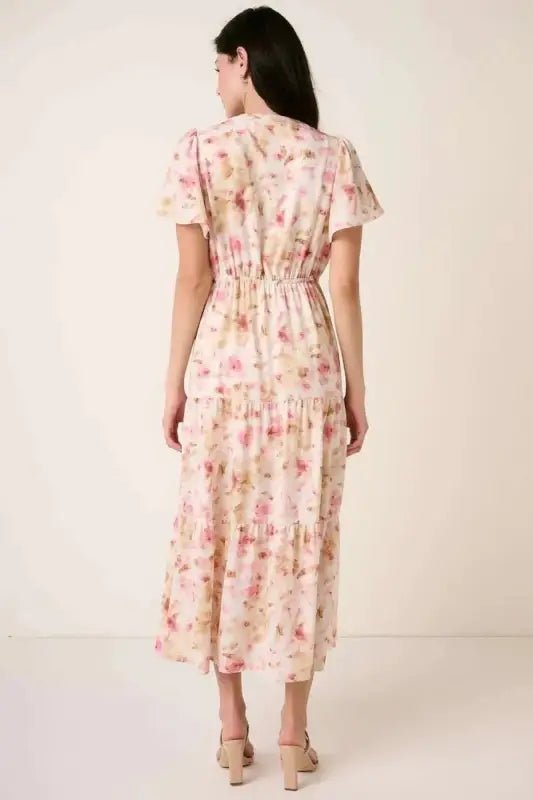 Mittoshop Flower Print Flutter Sleeve V Slit Maxi Dress - Dresses