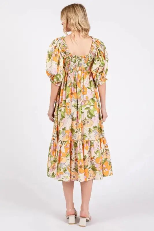 Mittoshop Flower Print Puff Sleeve Ruffle Smocked Midi Dress - Dresses
