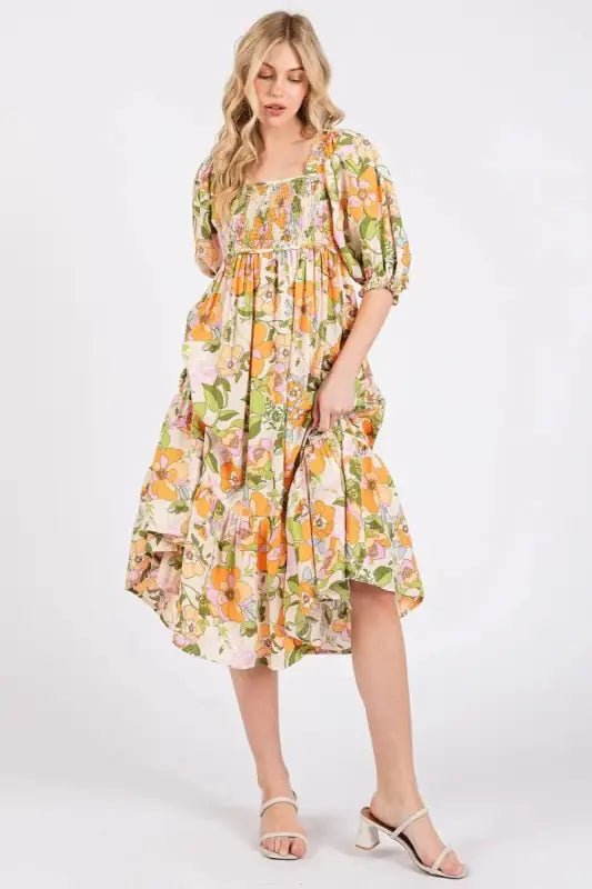 Mittoshop Flower Print Puff Sleeve Ruffle Smocked Midi Dress - Dresses