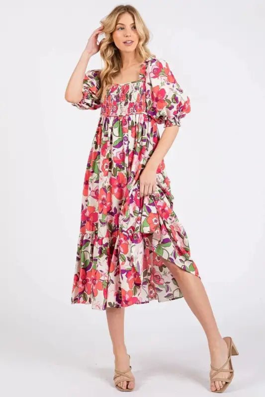Mittoshop Flower Print Puff Sleeve Ruffle Smocked Midi Dress - Dresses
