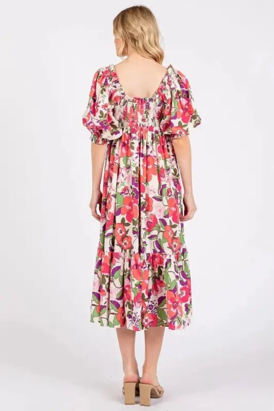Mittoshop Flower Print Puff Sleeve Ruffle Smocked Midi Dress - Dresses