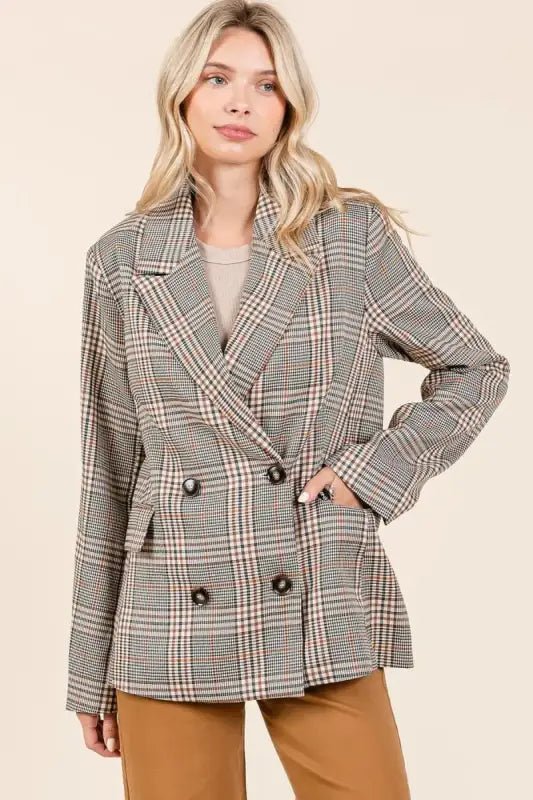 Mittoshop Plaid Double Breasted Relaxed Fit Blazer - Blazers