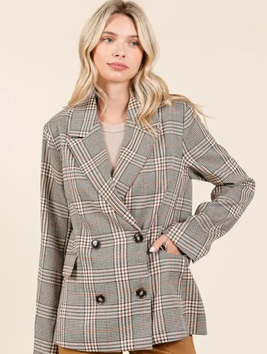Mittoshop Plaid Double Breasted Relaxed Fit Blazer - Blazers