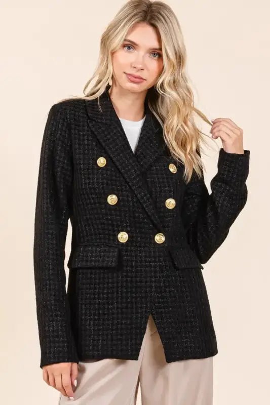 Mittoshop Plaid Texture Double-Breasted Long Sleeve Blazer - Blazers