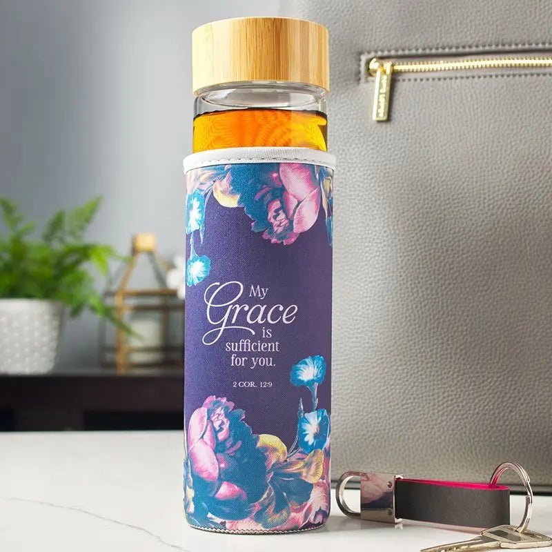 My Grace Is Sufficient Glass Water Bottle With Sleeve - Water Bottles