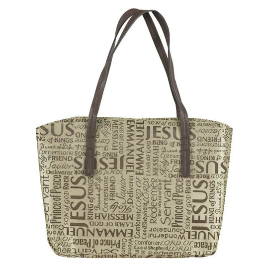 Names Of Jesus Wedge Bible Cover (Large) - Bible Covers tan tote bag religious words