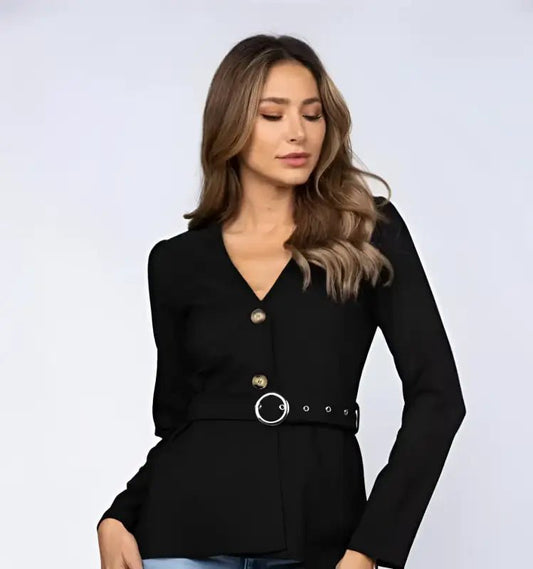 Noir Black Baby Doll Cut Blouse With Belt - Small - Tops black belted blazer