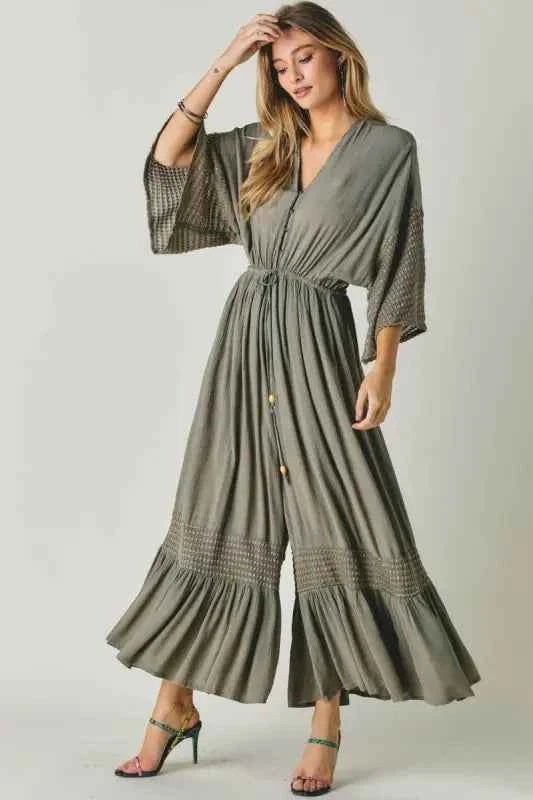Olive Solid Button Down Ruffle Jumpsuit