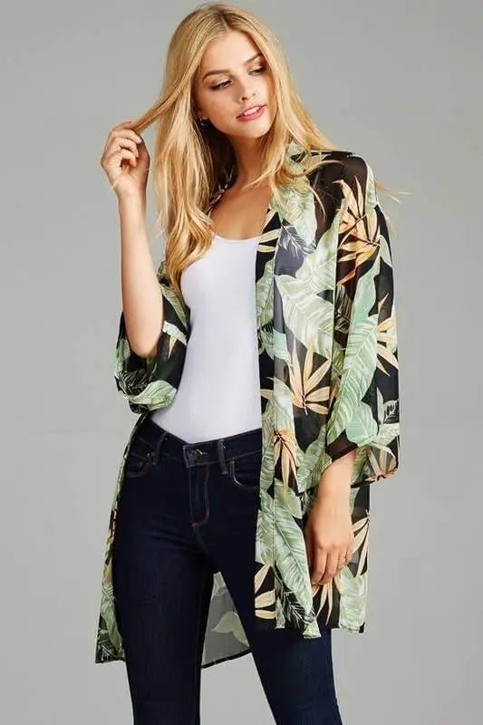 Open Front Floral Printed Kimono - Kimonos floral print kimono