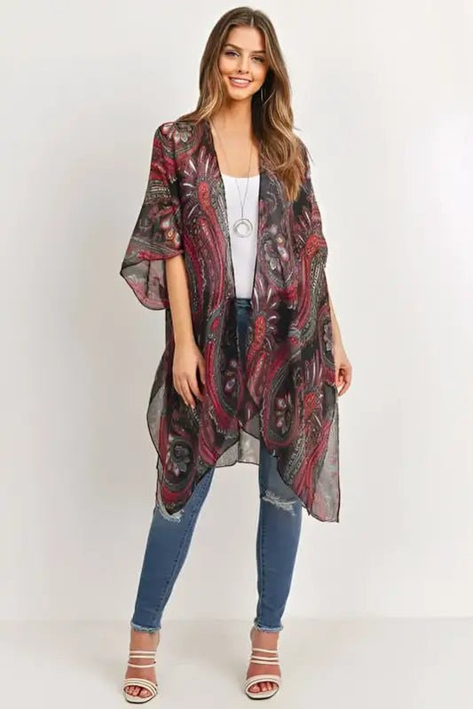 Paisley Print Open Front Kimono - Kimonos paisley print kimono