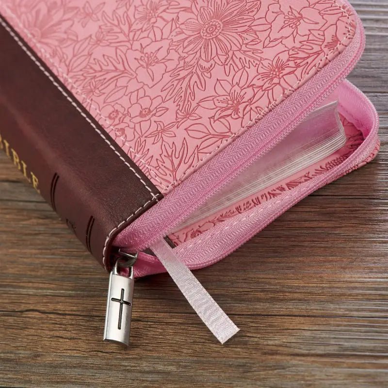 Pink and Saddle Tan Faux Leather Mini Pocket King James Version Bible with Zippered Closure - Bibles