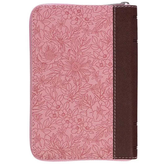 Pink and Saddle Tan Faux Leather Mini Pocket King James Version Bible with Zippered Closure - Bibles