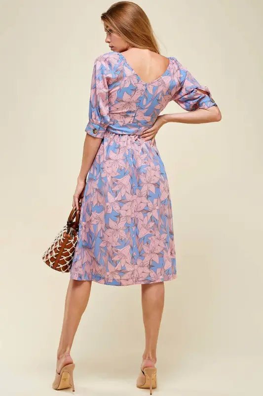 Pink/Blue Button Down Belted Floral Midi Dress - Dresses floral print midi dress