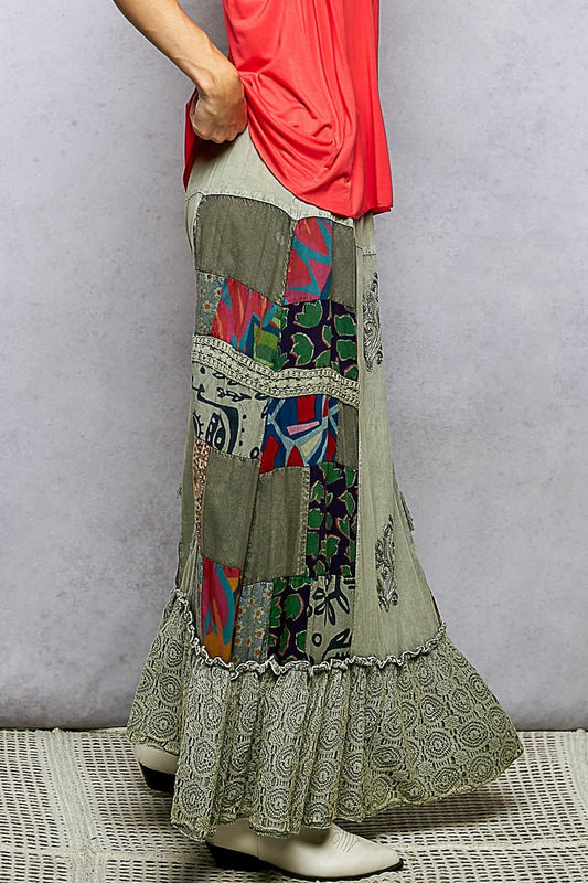 POL Printed Patchwork Embroidered Ruffled Skirt | Skirts | 2