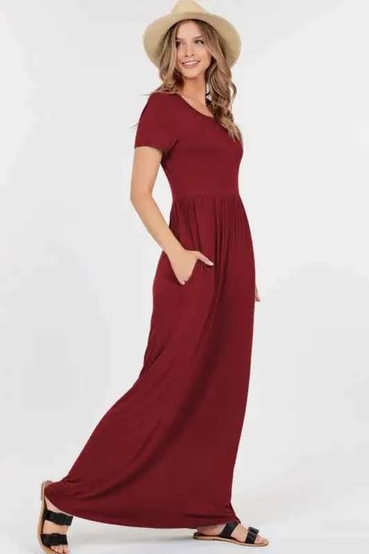 Pre-Order Short Sleeve Maxi Dress W Empire Waist And Pockets
