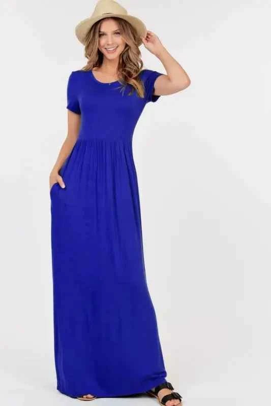 Pre-Order Short Sleeve Maxi Dress W Empire Waist And Pockets