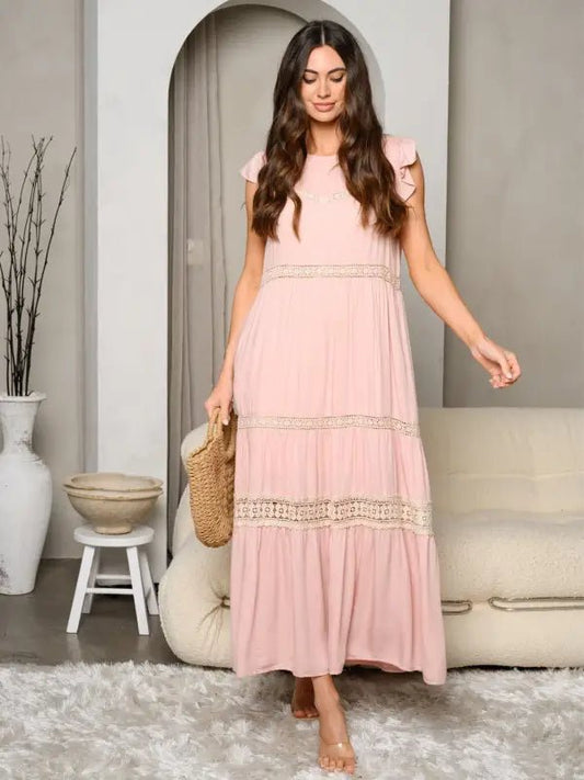 Ruffle Sleeve Tiered Trim Detailed Maxi Dress - Small - Dresses pink tiered maxi dress