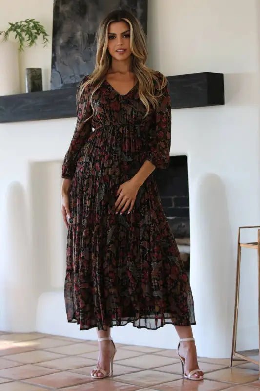 Ruth V-Neck Sheer Overlay Maxi Dress - Dresses tiered floral maxi dress