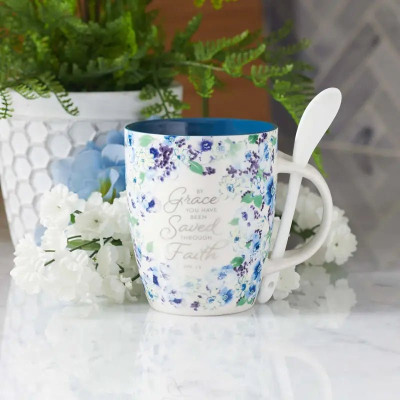 Saved by Grace Blue Floral Ceramic Coffee Mug with Spoon - Ephesians 2:8 - Mugs floral mug spoon