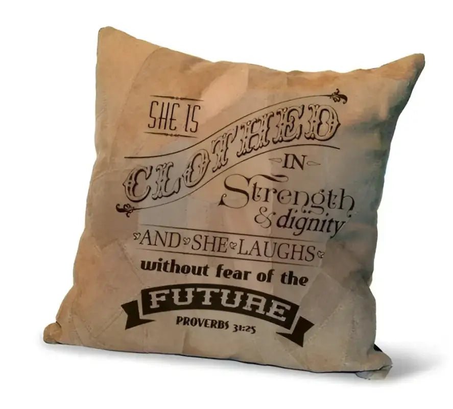 She Is Clothed Eco-Leather Scripture Pillow - Proverbs 31:25 - Throw Pillows decorative pillow inspirational quote