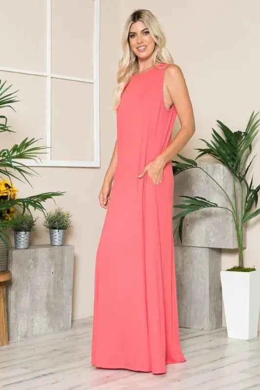 Sleeveless Coral Maxi Dress with Pockets