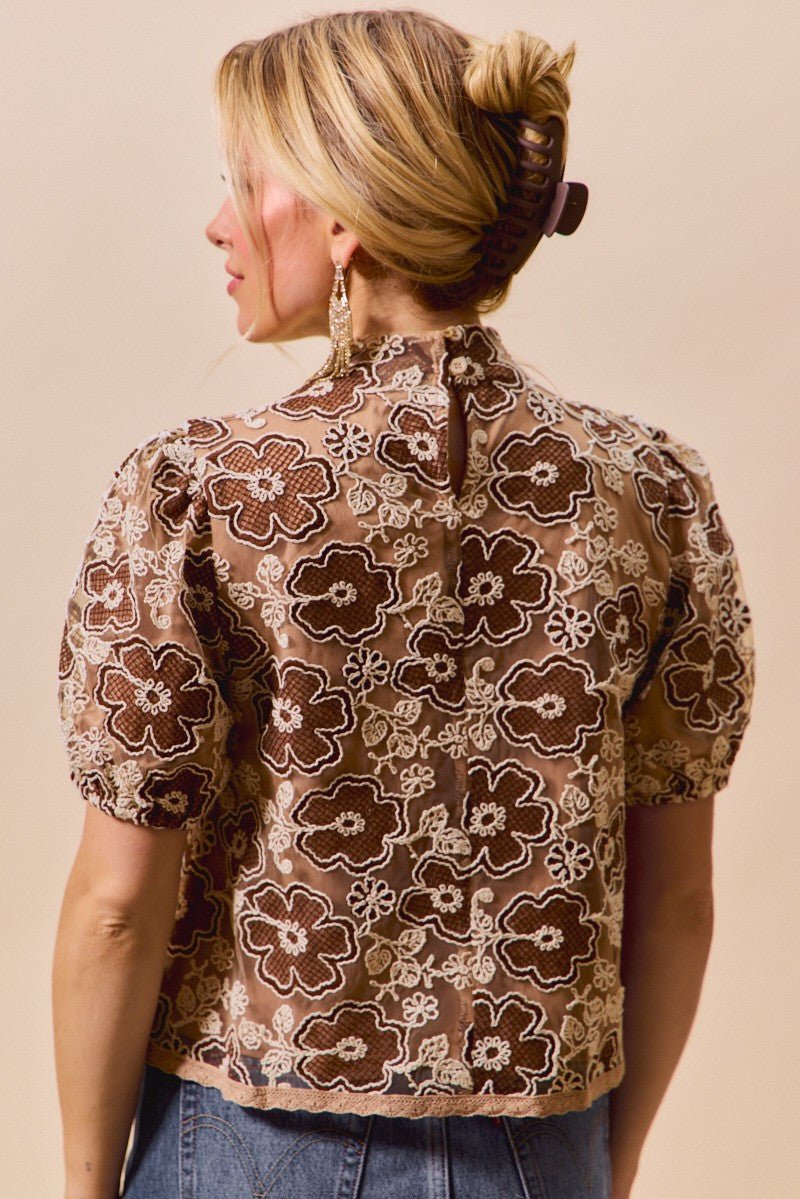 SO ME Texture Floral Mesh Top With Back Button Closure | Tops | 15
