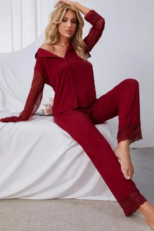 Spliced Lace Lapel Collar Pajama Set - Pajamas