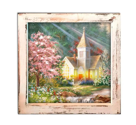 Spring Chapel Lighted Shadow Box - Shelf & Wall Art framed church painting