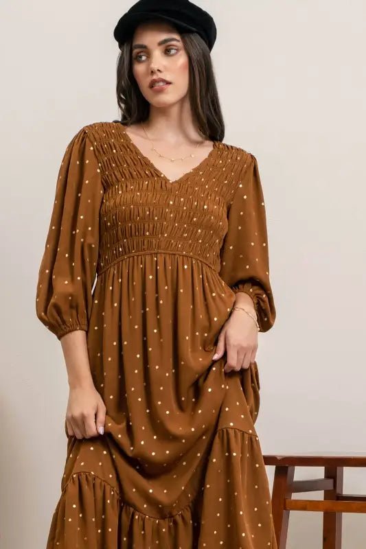 Stephanie Polk Dot Maxi Dress - Dresses brown polka dot midi dress