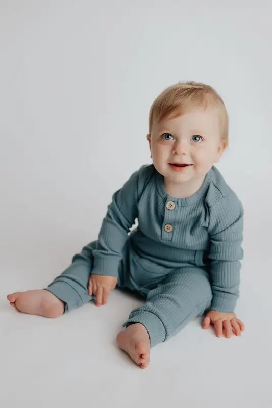 Storm Blue Baby Ribbed Playsuit with pockets by Three Little Tots - Toddler Pajamas