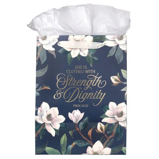 Strength and Dignity Blush Magnolia Large Portrait Gift Bag - Proverbs 31:25 - Gift Bags