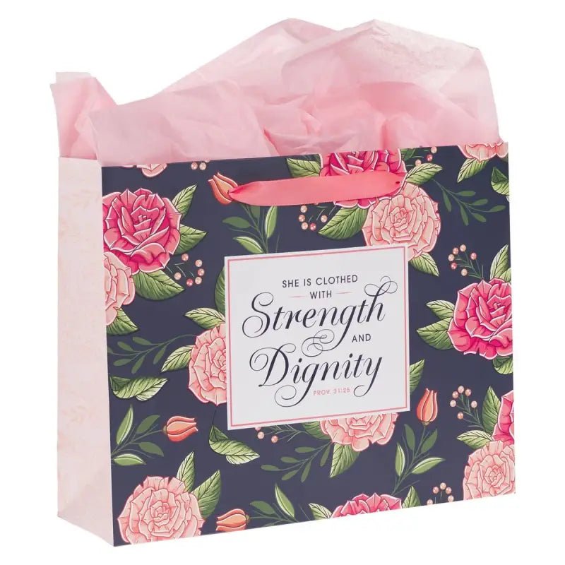 Strength and Dignity Pink Rose Large Landscape Gift Bag with Card Set - Proverbs 31:25 - Gift Bags