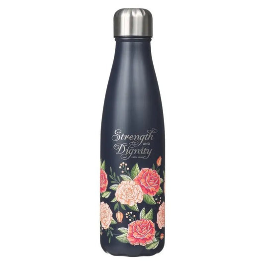 Strength and Dignity Pink Rose Stainless Steel Water Bottle - Proverbs 31:25 - Water Bottles