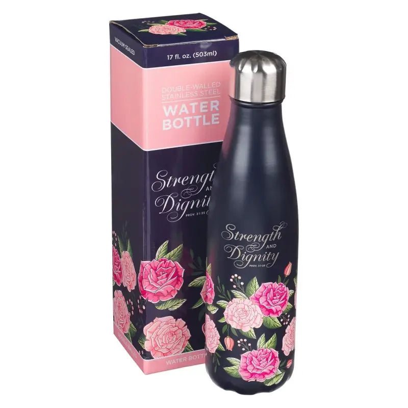 Strength and Dignity Pink Rose Stainless Steel Water Bottle - Proverbs 31:25 - Water Bottles