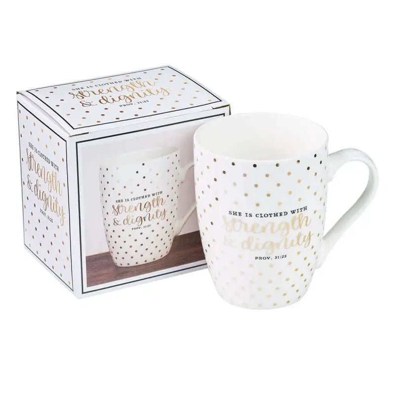 Strength & Dignity Coffee Mug – Proverbs 31:25 - Mugs white mug gold polka dots