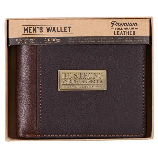 Strong and Courageous Two-tone Brown Full Grain Leather Wallet - Joshua 1:9 - Mens Wallets
